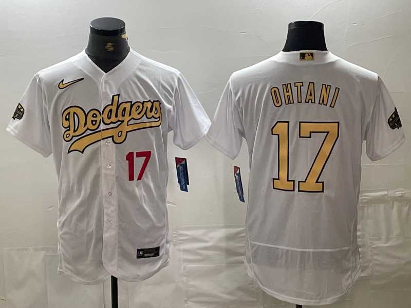 Mens Los Angeles Dodgers #17 Shohei Ohtani Number White 2022 All Star Stitched Flex Base Nike Jersey